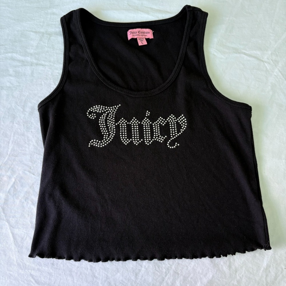 Y2K Juicy Couture Womens Black Scoop Neck Rhinestone Embellished Tank Top Size L